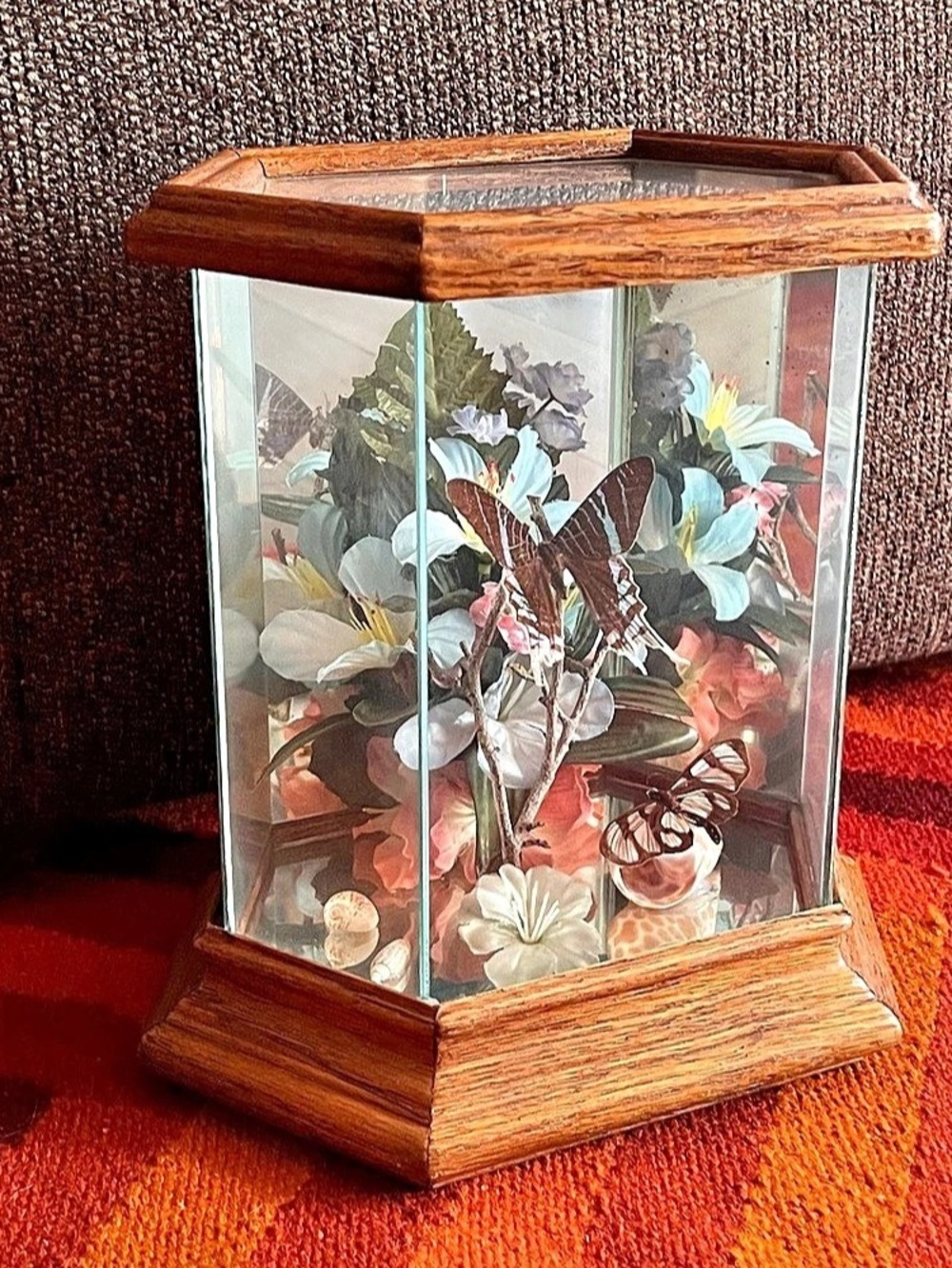 Glass Display Case with Floral Butterfly Decor